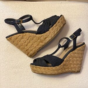 American Eagle Outfitters Dark Denim and Tan Wedge Sandals